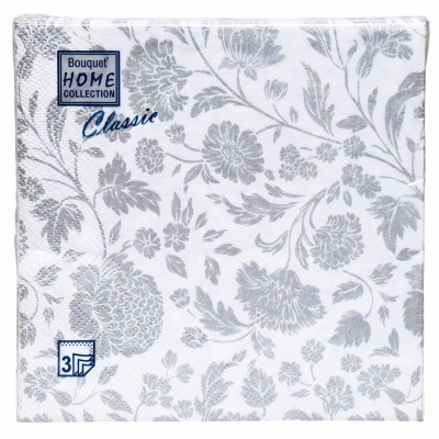Салфетки бум.  Bouquet  33*33, 3сл 20л "Анжелика Серебро на белом" (12)  - фото