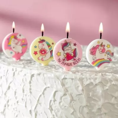Набор свечей в торт "Единорожки", размер 1 свечи 4×4,4см, 5 шт Разноцветный - фото